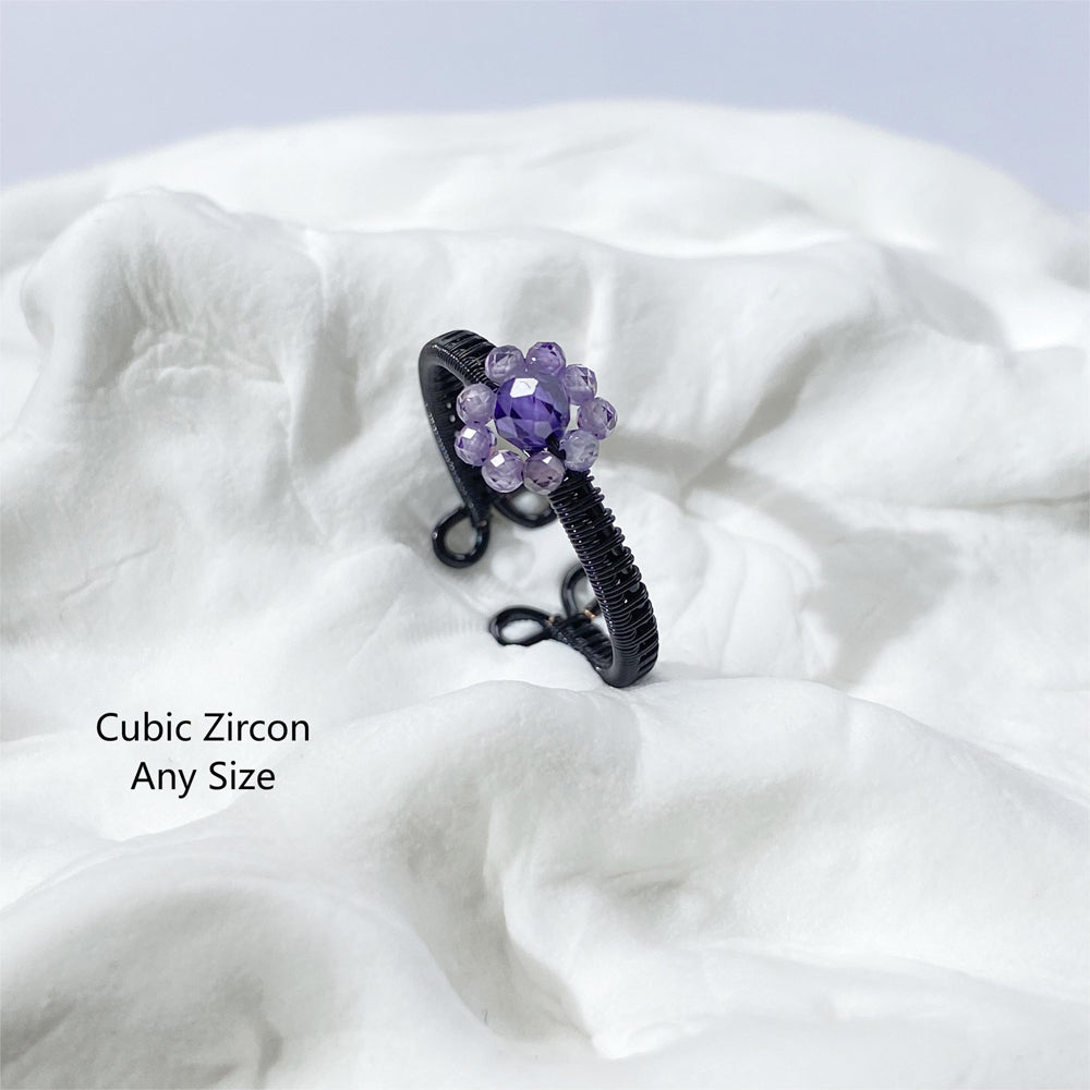 Black rings in Gothic styles,Hand wire wrapped jewelry with Amethyst crystals,Natural crystal Jewelry