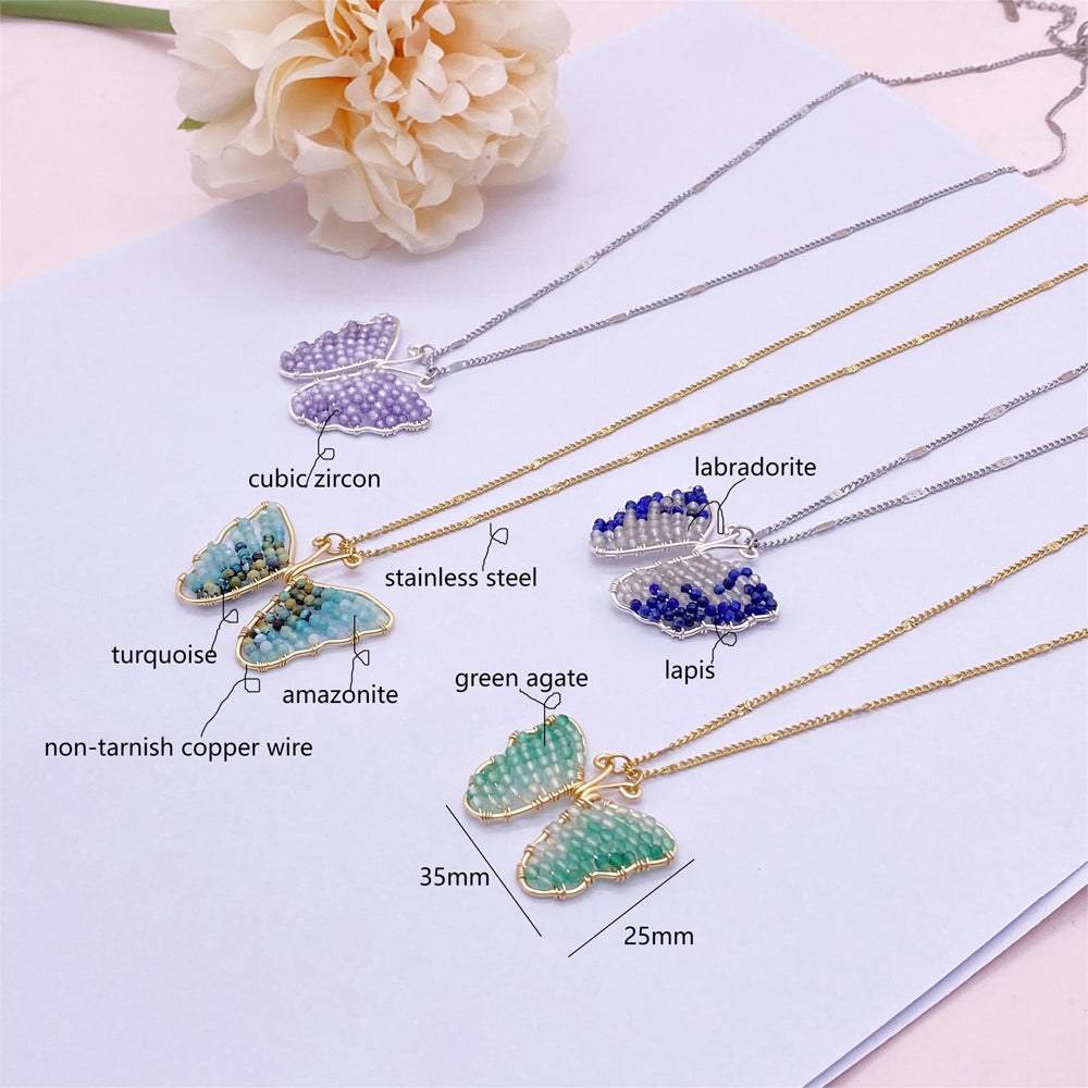 Handmade Wire wrap Butterfly Necklace,Summer jewelry with crystal beads